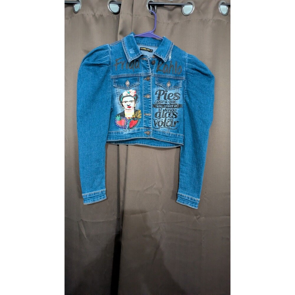 Denimland Jeans Jacket Frida Khalo Design Women's Juniors Sz S Puff Shoulders